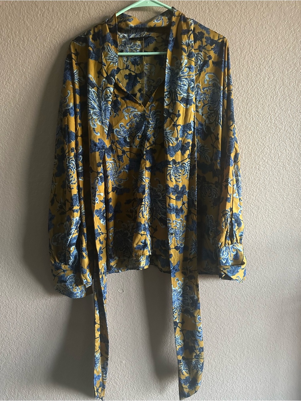 Banana Republic Yellow Floral Tie-Neck Blouse with Blue Print